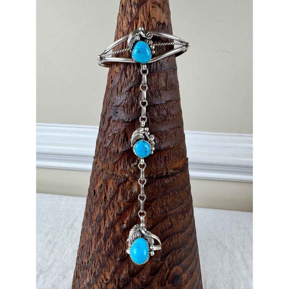 Sterling Silver Turquoise Hand Chain Navajo Style Slave Bracelet Cuff Ring 9.5